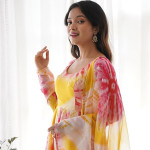 Abstract Printed Empire Organza Kurta With Trousers & Dupatta