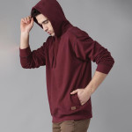 Men Maroon Solid Hooded Sweatshirt